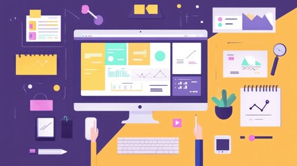 Fototapeta premium Smart project management tools for remote teams, flat design, top view, tech productivity theme, animation, Split-complementary color scheme