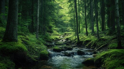 Fototapeta premium Serene forest with a gentle stream, representing peace and natural beauty