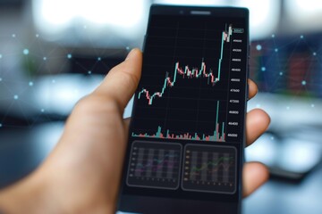 A close-up shot of a smartphone displaying a stock market graph, showcasing a rising trend and financial analytics.
