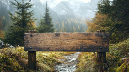 Fototapeta premium Blank wooden signposts standing alone in natural settings like forests, mountains, or rural paths, creating a rustic feel.