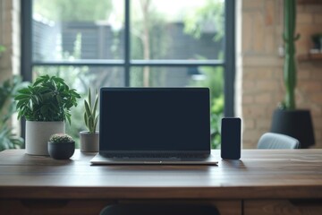 A modern workspace featuring a laptop, speaker, and plants, creating a serene and productive environment.