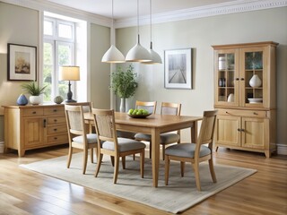 Fototapeta premium The blonde wood furniture and white wall create a bright and airy atmosphere in this elegant dining room,