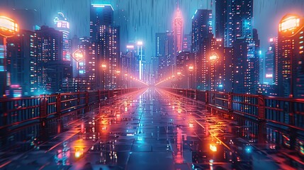 Obraz premium Middle road, high-rise buildings on both sides, iron railings from near to far, digital neon lights, a little perspective. Generative AI.