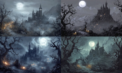 A dark and spooky haunted castle with eerie trees, candles, moonlight, and a night sky, full of mystery and fear