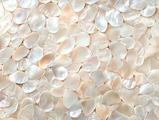 Exquisite Iridescent Mother-of-Pearl Surface Close-up, Displaying Delicate Overlapping Circles and Subtle Color Variations. Natural Elegance and Pearlescent Luster in Creamy Beige and Ivory Tones.