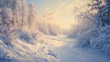Fototapeta premium Snow-covered landscape with soft winter light, capturing the calm and purity of the season.