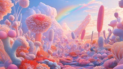 Surreal landscape of vibrant flowers against a pastel sky.