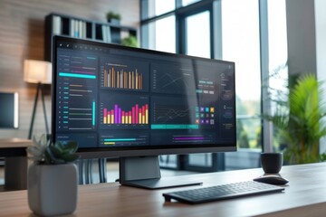 Naklejka premium Modern workspace featuring a computer monitor displaying colorful data analytics and visual graphs.