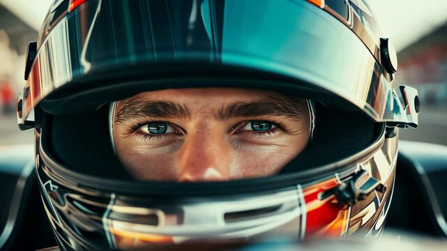 Close-up portrait of determined race car driver in helmet, intense gaze through visor. Professional motorsport athlete ready for competition. Focused expression of speed and adrenaline in auto racing