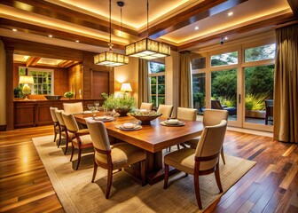 Fototapeta premium The dining room boasts natural wood furniture, warm lighting, and a beautifully set table, creating a sophisticated