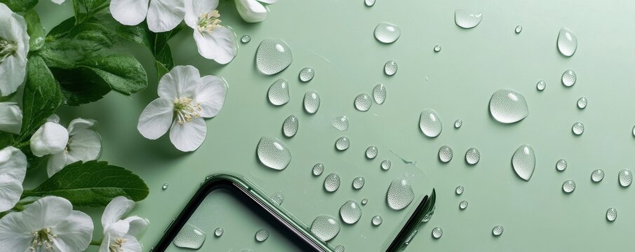 Serene iPhone background with delicate water drops and fresh white flowers on a soothing green surface