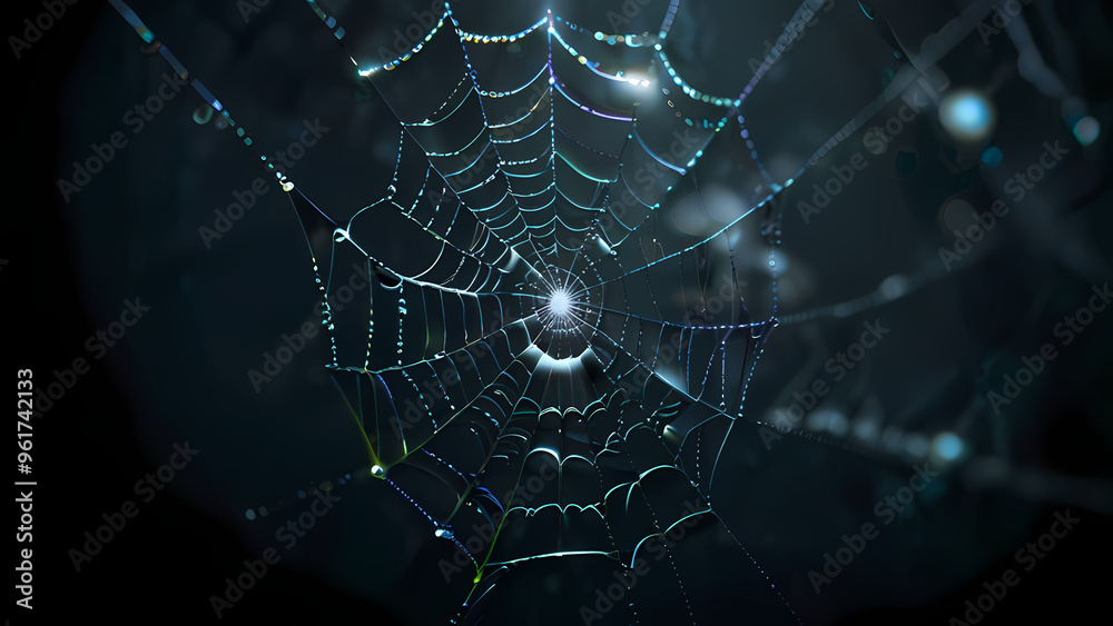 Wall mural abstract background of an intricate spider web with delicate, shimmering silver threads against a da
