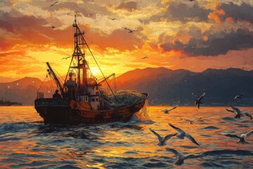 Obraz premium fishing boat in net fish catch