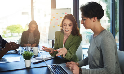 Boardroom, mentor and business people with laptop for discussion, research and access to company...