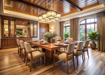 Fototapeta premium The expansive dining room features natural wood furniture, warm lighting, and an elegant table setting, perfect for