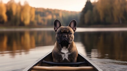 A French Bulldog sitting in a canoe on a serene lake surrounded by autumn foliage.