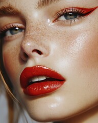 Close-up of woman's face showcasing bold red lipstick and artistic eyeliner. Emphasizing beauty, elegance and modern style in makeup trends.