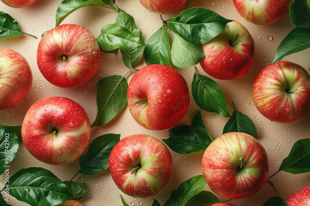 Wall mural fresh red apples with green leaves scattered on a light background, showcasing droplets of water fro