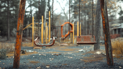 Creepy Abandoned Playground with Rusted Swings, Halloween Scene
