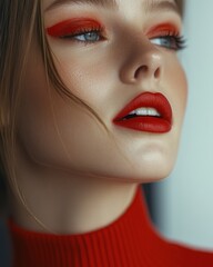 Close-up of woman wearing bold red makeup and matching red clothing, embodying elegance and style.