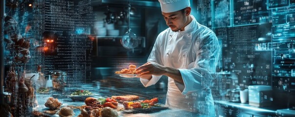 Chef in a futuristic culinary lab, preparing a dish with levitating ingredients, surrounded by a matrix of digital recipe codes
