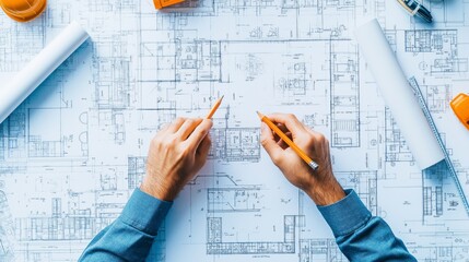 Hands holding pencils over architectural blueprints with tools and calculator. Creative design and architecture process.