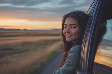 Young woman enjoying a sunset while leaning out of a car window in a scenic countryside landscape