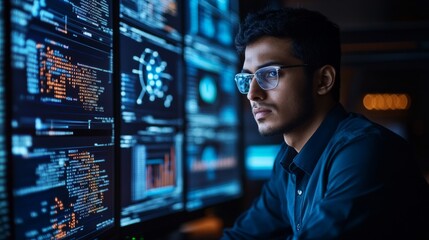 Young Professional Analyzing Data on Multiple Monitors