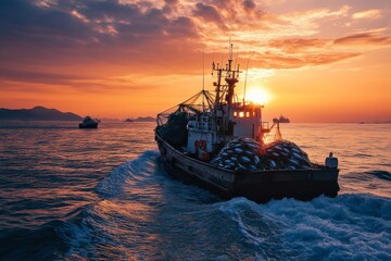 Obraz premium fishing boat in net fish catch