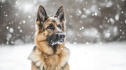 Naklejka premium A German Shepherd dog in the snow, creating a serene winter scene.