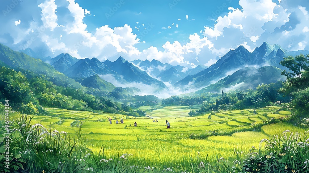 Wall mural Stunning View of Rice Paddies and Mountains in a Lush Green Valley.