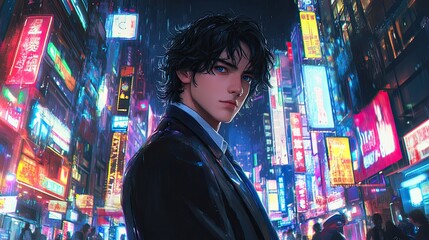 Obraz premium In a cyberpunk-themed city at night, a young man with black hair and blue eyes stands upright in an elegant suit. The neon lights from the towering skyscrapers reflect off the bustling streets,