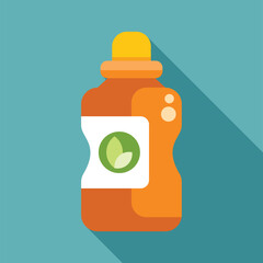 Orange plastic bottle with yellow cap containing bio product with green leaves on white label on blue background