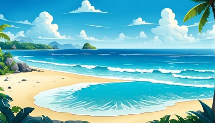 Obraz premium Seaside view with an umbrella, beach chair and a pair of flip-flops. Summer vacation concept background.