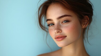 17. Close-up of a beautiful young woman with a shy smile, her eyes downcast, against a pale blue background, evoking a sense of innocence and delicacy