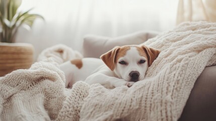 Obraz premium dog lounging in a cozy, well-lit home environment, with soft blankets and natural textures