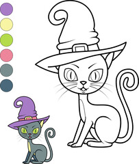 coloring cat in a witch's hat