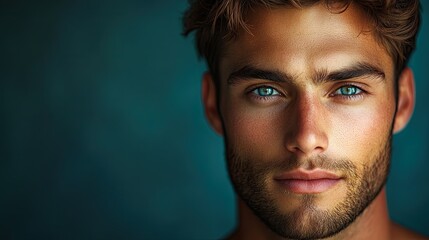 12. Handsome young man with a wistful expression, his eyes filled with longing, set against a dark teal background, conveying depth and a sense of mystery
