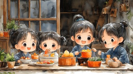 Fototapeta premium Cute Watercolor Illustration of Four Girls Preparing a Meal Together in a Traditional Setting.