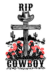 Cowboy grave in the desert. Cross with cowboy hat on top. 