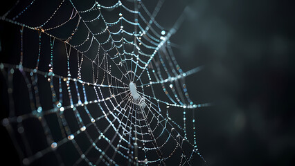 abstract background of an intricate spider web with delicate, shimmering silver threads against a dark, misty backdrop