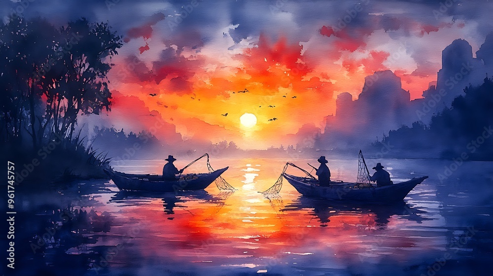 Poster Watercolor Painting of Two Fishermen in Boats at Sunset with a Silhouetted Cityscape.