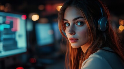 Woman working at computer with headphones