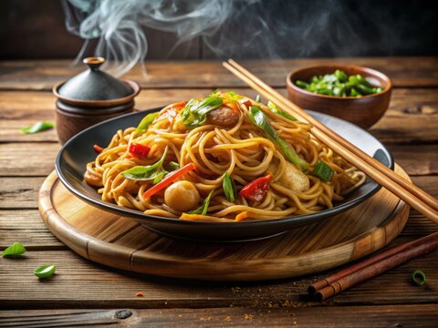 The steaming plate of chowmin noodles was garnished with tender vegetables and sesame seeds, served alongside a pair