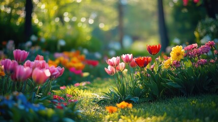 Obraz premium Springtime garden with blooming flowers and fresh green grass, evoking joy and renewal.