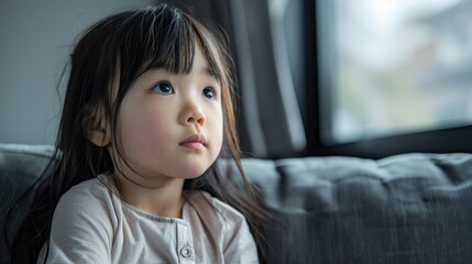 An Asian girl with long hair sits on a grey sofa, facing left and gazing into the distance by a tall window, creating a serene ambiance.