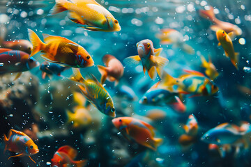 The colorful underwater world of small fish and jellyfish