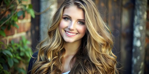Obraz premium The young woman's warm smile lights up the camera as her long, wavy brown hair with blonde highlights