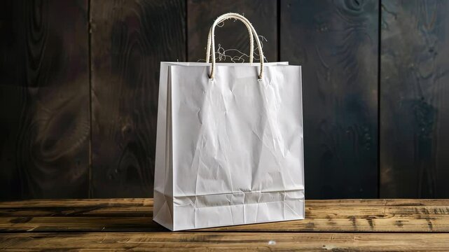 White paper bag on rustic wooden table, retail shopping concept