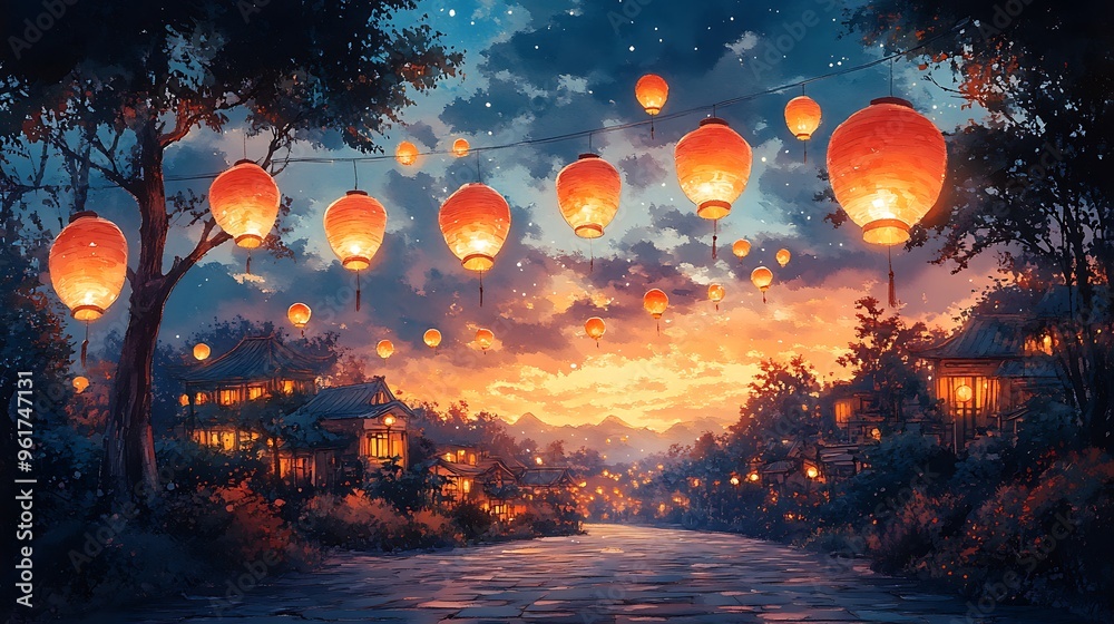 Wall mural A magical evening in a small town with lanterns floating in the sky and a picturesque sunset.